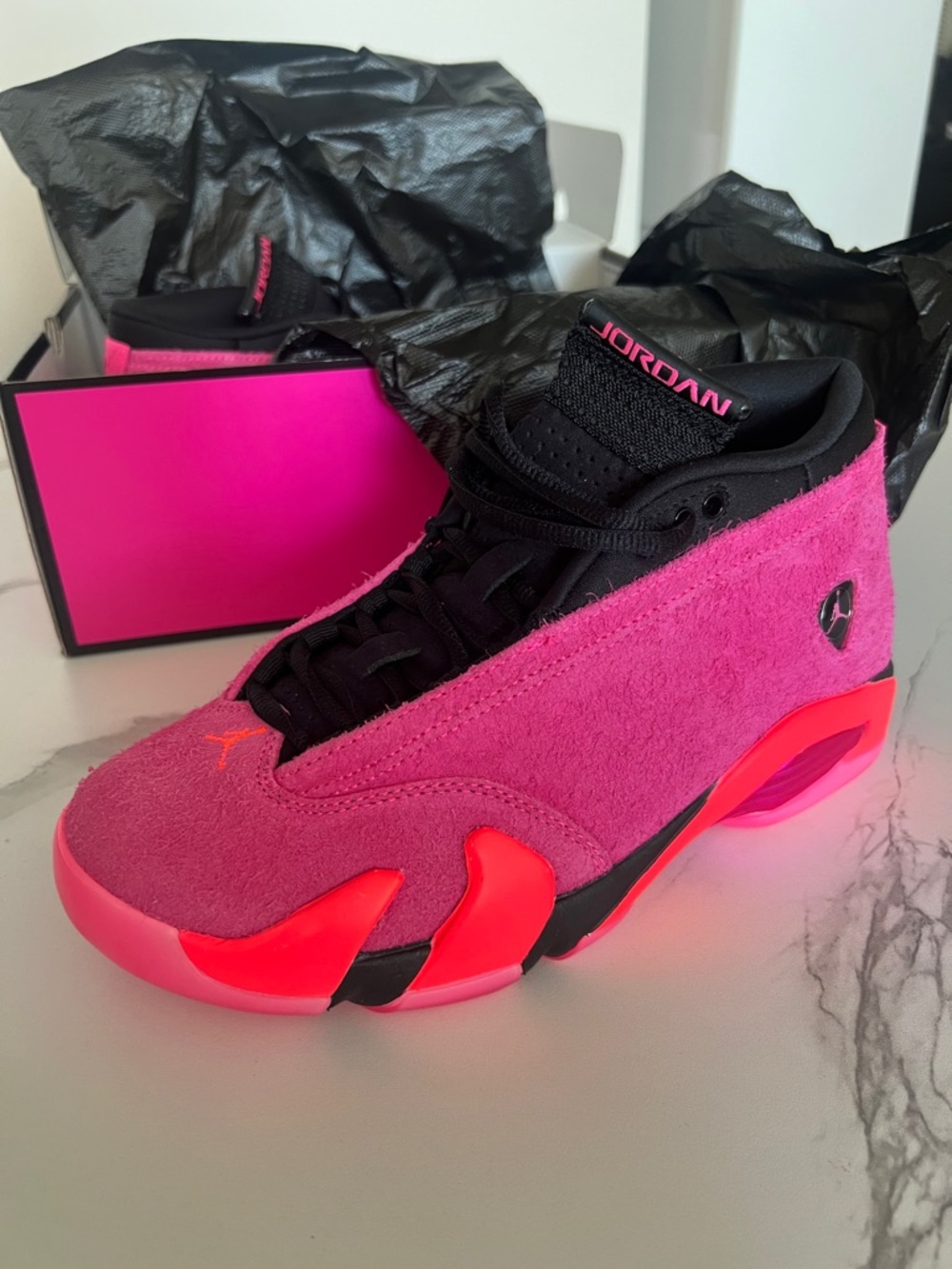 Jordan Bright Pink and Neon Pink Suede Retro Sneaker